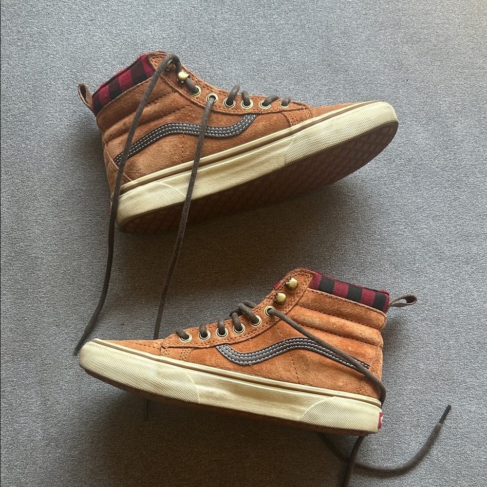 Vans Tan and Red and Black Check High-Top Sneakers